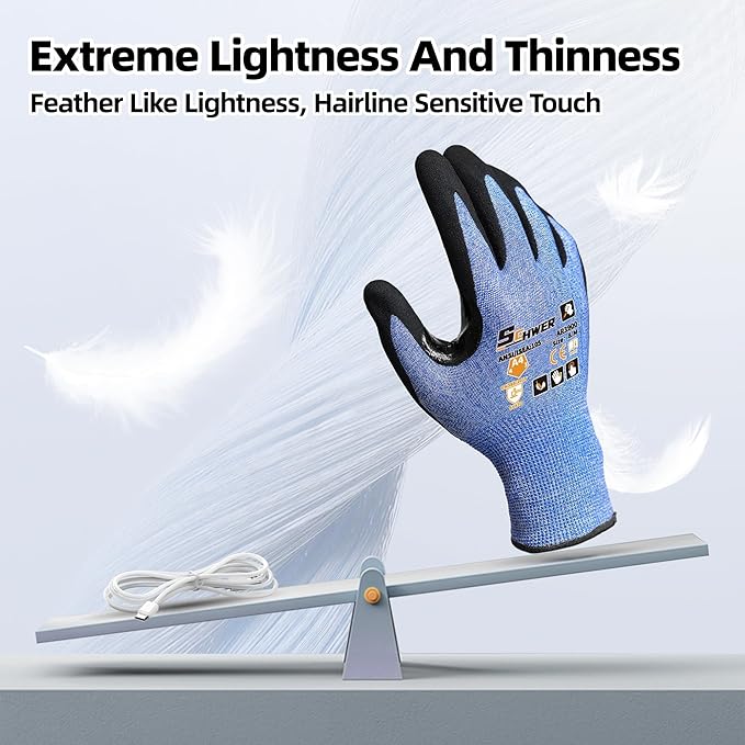 Schwer 6 Pairs ANSI A4 Cut Resistant Work Gloves with Extreme Lightweight & Thin, Sandy Nitrile Touchscreen Safety Working Gloves with Grip, 3D-Comfort Fit, Flexible and Breathable, L, AR3900