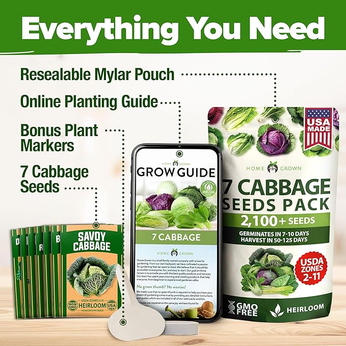 HOME GROWN Cabbage Seeds 7 Variety Mix 2000+ Heirloom Non-GMO, High Germination, Bok Choy, Red & Green Acre, Savoy, Napa Michihili, Copenhagen Market, Jersey Wakefield, Cold Hardy