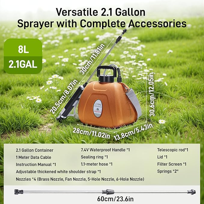 GOCHIFIX Electric Garden Sprayer 2.1 Gallon, 4 Mist Nozzles, Telescopic Wand, Adjustable Shoulder Strap, USB Rechargeable Waterproof Handle, Automatic Plant Mister for Lawn Garden