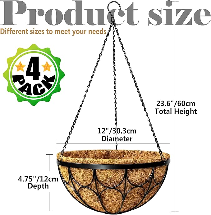 4 Pack 12 Inch Hanging Planters for Outdoor Plants，Large Wire Flower Hanging Basket with Coco Liners for Balconies, Patios, Porch, Terraces Decor