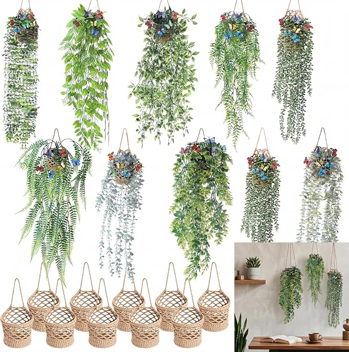 Giegxin 10 Set Fake Hanging Plant with Macrame Basket Summer Mini Artificial Macrame Plant Hanger with Woven Basket and Butterfly Ivy Faux Vines Eucalyptus Leaf for Indoor Home Wall Shelf Decor