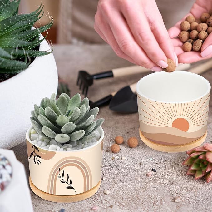 Qinyoung 6 Sets Boho Plant Pots Succulent Pot Modern Sun Ceramic Flower Planter Pot with Bamboo Tray for Indoor Plants, Aloe, Cactus, Home Office Decor