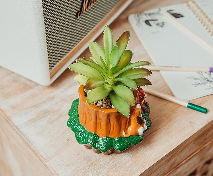 Disney The Fox and The Hound 4-Inch Ceramic Mini Planter with Artificial Succulent | Cute Small Flower Pot, Faux Indoor Plants