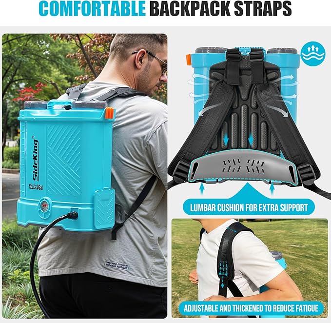 SideKing Battery Powered Backpack Sprayer 3.2 Gallon, 0-80 PSI Adjustable Pressure Sprayer Compatible with Makita 18V Battery, Electric Sprayer with Wand, 5 Nozzles, 2.0Ah Battery&Charger Included