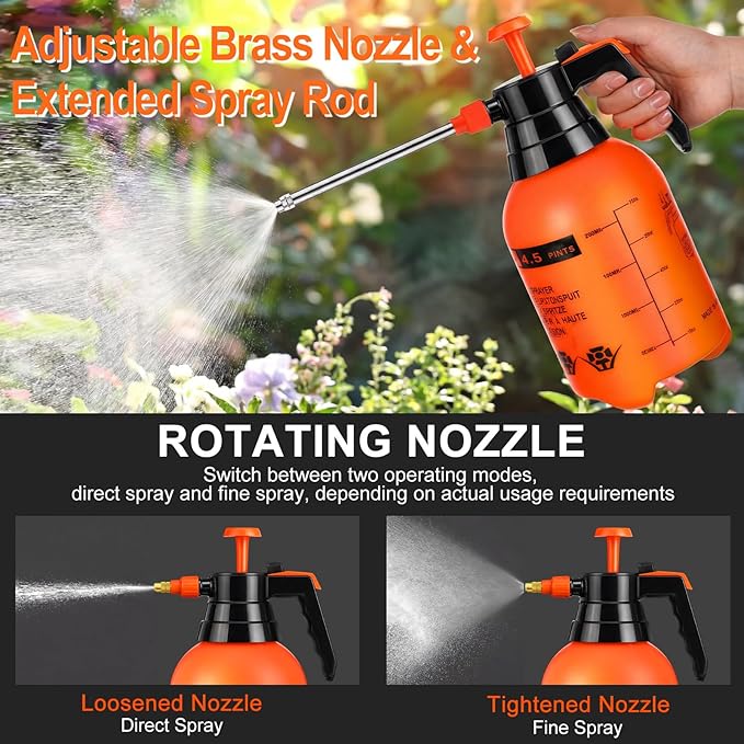 2 Set Handheld Pump Sprayer Pump Spray Bottle Garden Sprayer Plant Mister Water Spray Bottle with Adjustable Nozzle Extended Rod for Spraying Watering Fertilizing Cleaning(2L,Orange)