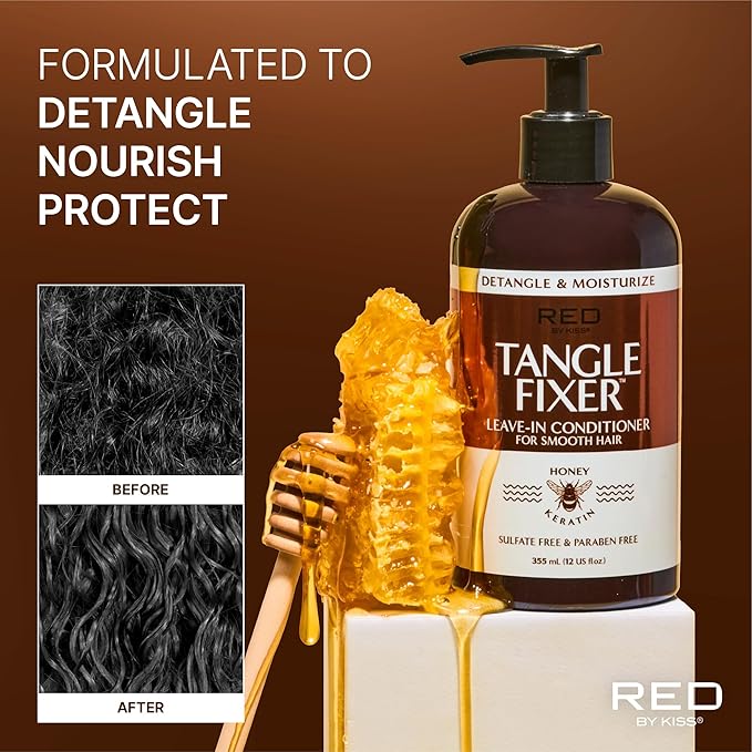 Red by Kiss Tangle Fixer with Honey & Keratin, Sulfate-Free Detangling Leave-in Conditoner for Shine & Frizz Protection, Mango & Peach Scent