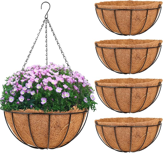 HKZ Hanging Basket Planter Plants Outdoor - 4 Pack 12 Inch Metal Hanging Planter with Coco Liners, Chain Hook Hanging Flower Pots for Indoor Outdoor Garden Porch Decoration