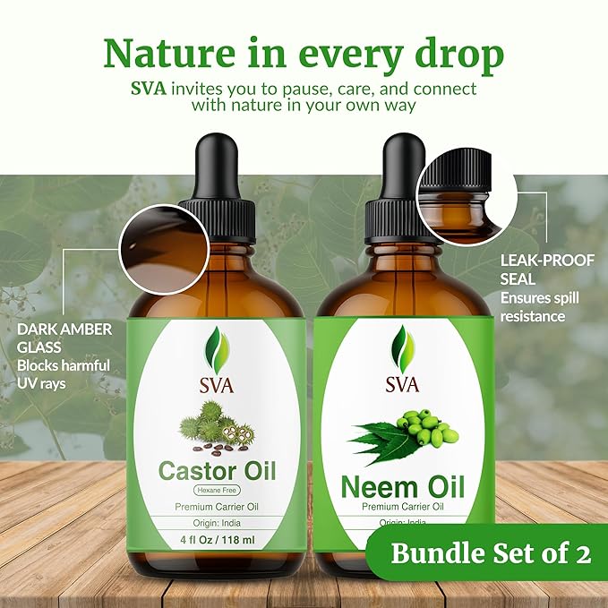 SVA Neem Oil 4 oz and Castor Oil 4 oz Bundle Super Saver Combo – Premium Grade Value Set for Hair Oiling, Scalp Massage, Hair Care, Skin Care and Body Massage