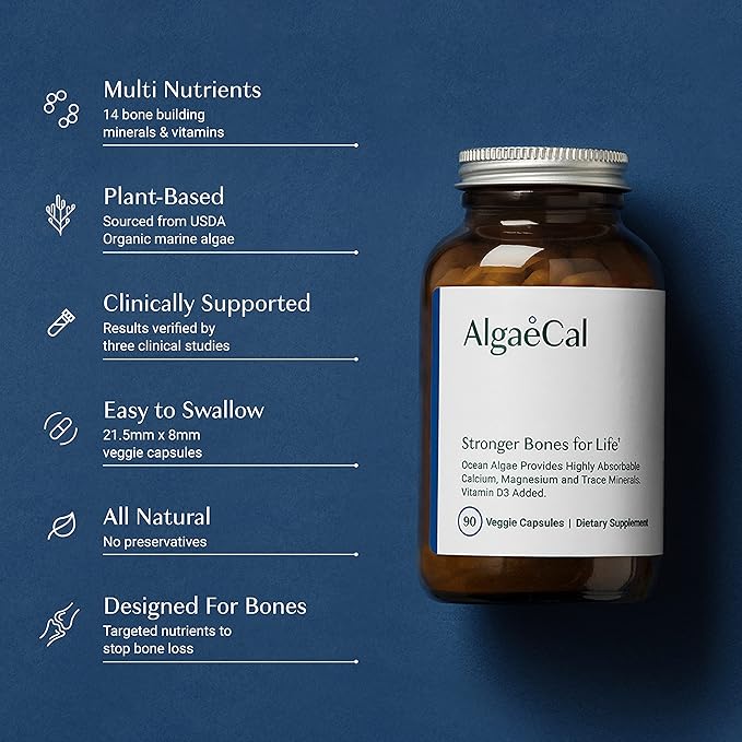 ALGAECAL - Plant Based Calcium Supplement for Women & Men - Organic Calcium 750mg with Vitamin D3 1000 IU, 13 Minerals for Bone Strength, Bone Health Support, 90 Veggie Caps (1 Pack)