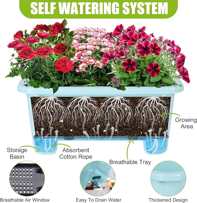 Oliz Self-Watering Rectangle Planter Boxes 8-Pack, 15.7-Inch Window Box Planter with Drainage Holes & Trays, Pots for Vegetables, Herbs, Flowers, Garden Windowsill Balcony (Sky Blue)