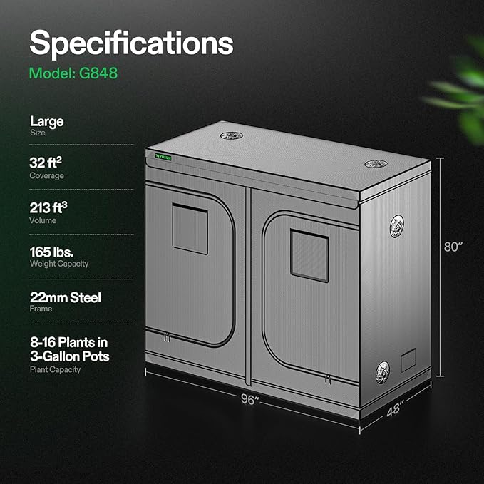 VIVOSUN 4X8 Pro Grow Tent, 96"x48"x80" Grow Tents Mylar Hydroponic Tent Thickened 22mm Poles Heavy Duty Zippers Greenhouse for Hydroponic Plants
