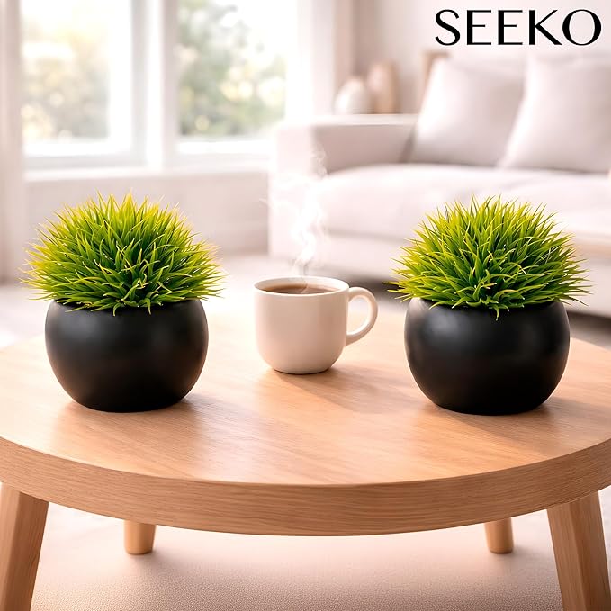 Fake Succulents Plants Artificial in Premium Ceramic Pots (2 Pack Round) Realistic Faux Succulents for Bathroom, Home & Office Décor