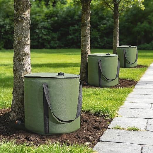 HIRALIY 15 Gallon Cylindrical Tree Watering Bag, 3 Pack, Slow Release 1-5 Days, Deep Root & Automatic Drip Irrigation System, for Multi-Trunk Newly Planted Small Trees and Shrubs