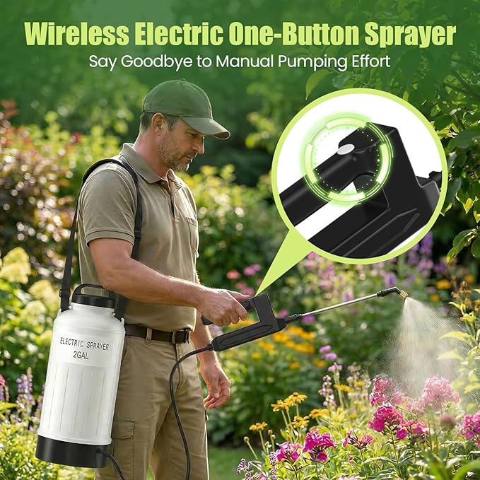 Battery Powered Garden Sprayer 2 Gallon 7.4V Powerful Electric Weed Sprayer with Retractable Leak-Proof Wand, 3 Adjustable Nozzles & Strap for Lawn,