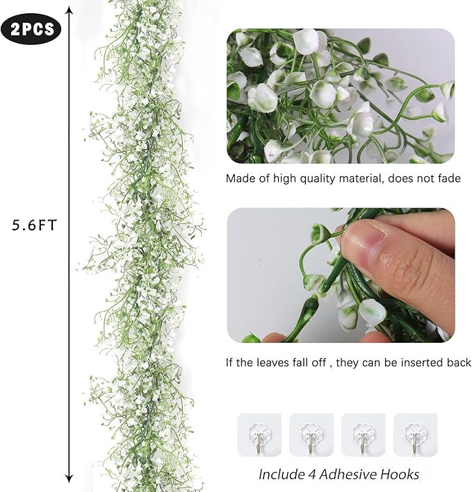 RECUTMS Artificial Hanging Vines Garland Faux Ferns Leaves Ivy Garland Fake Plant Greenery 2Pcs for Spring Home Indoor Outdoor Wedding Farmhouse Mantle Table Centerpiece Party Garden Decor(White)