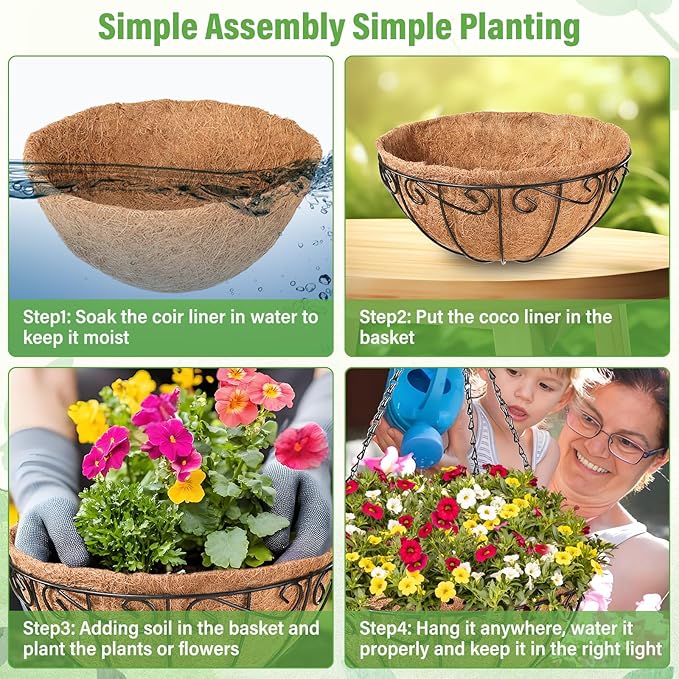 Legigo 2 Pack 14 Inch Metal Hanging Baskets for Plants Outdoor- Wire Round Hanging Planters Basket with Coconut Coir Liner, Hanging Flower Pot for Outdoor Plants Flowers Garden Decorations