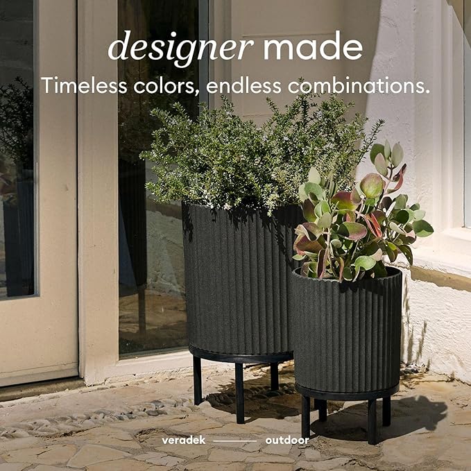 Veradek Demi Series Round Planter w/Stand for Porch/Patio | Durable Plastic-Stone Composite & Wooden Stand | Modern Décor for Tall Plants, Flowers
