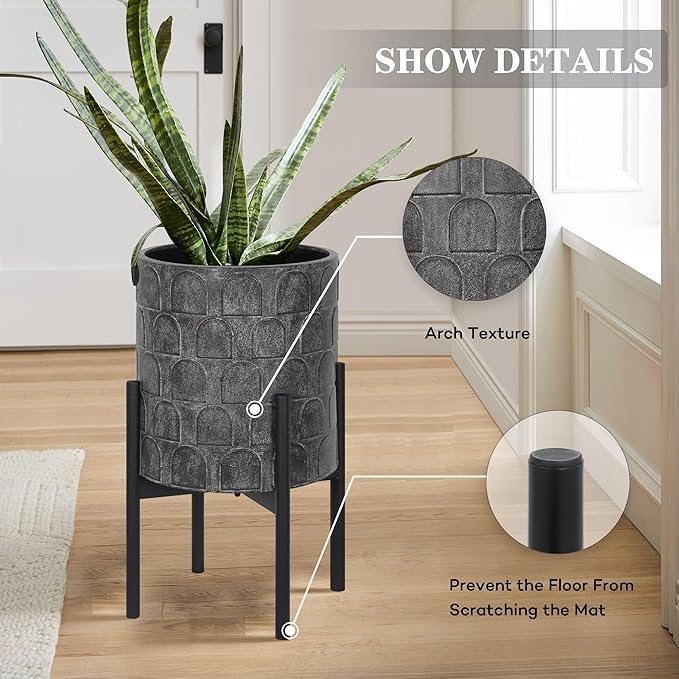 Oakrain Planters for Indoor Plants, Set of 2 Mid-Century Modern Planter with Stand, Decorative Metal Planter Pots for Living Room, Office, Garden, Balcony, 10"&12", Rustic Gray