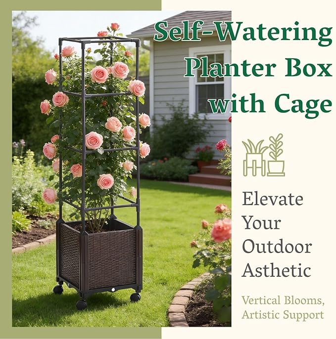 Raised Garden Bed Planter Box with Trellis | Self-Watering Tomato Planter with Wheels for Climbing Plants & Vegetable | Vertical Gardening Tomato Pot with Tomato Cage Indoor Outdoor Patio Greenhouse