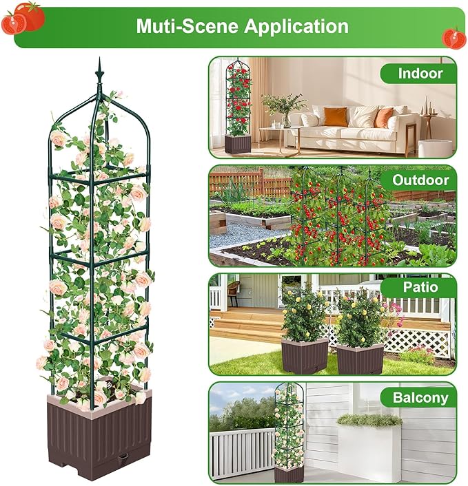 Raised Garden Bed Planter Boxes with Trellis,1pcs 70.9" Self-Watering Tomato Planter Boxes with Trellis for Climbing Vegetables Plants Flowers Tomato,Use for Indoor Outdoor (Brown)