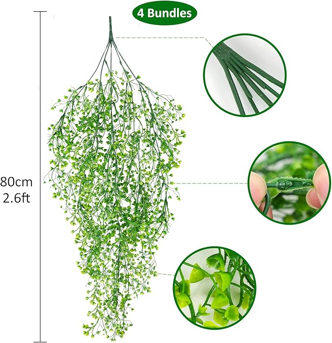 RECUTMS Artificial Hanging Vines Fake Hanging Plants 4Pcs Faux Wall Plants Fern Greenery for Spring Indoor Outdoor Bedroom Office House Valentines Day Window Decor (Green)