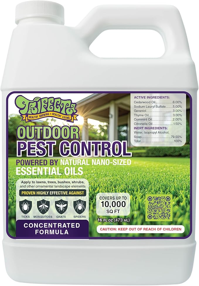 Trifecta Natural Outdoor Pest Control Yard Spray with Essential Oils | Mosquito, Ant, Flea, Tick, Gnat Killer on Contact & Repellent Treatment for Insects Bugs | Safe Around Kids & Pets | 16oz Conc