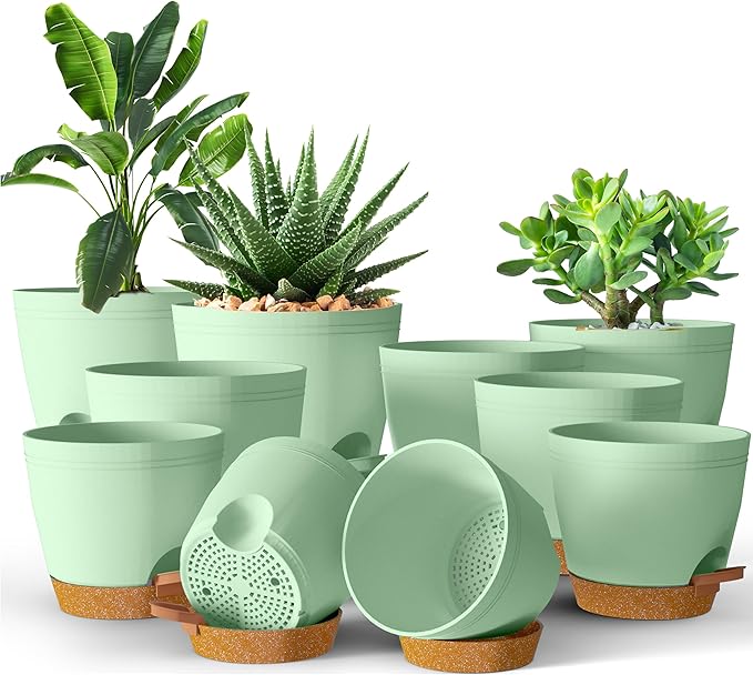 Utopia Home Self Watering Pots for Indoor Plants, Planters for Indoor Plants, Multi-Size Flowerpot, Set of 10 Plant Pots with Drainage & Reservoir, 6.8"/6.4"/5.9"/5.5"/4.9" (Olive Green)