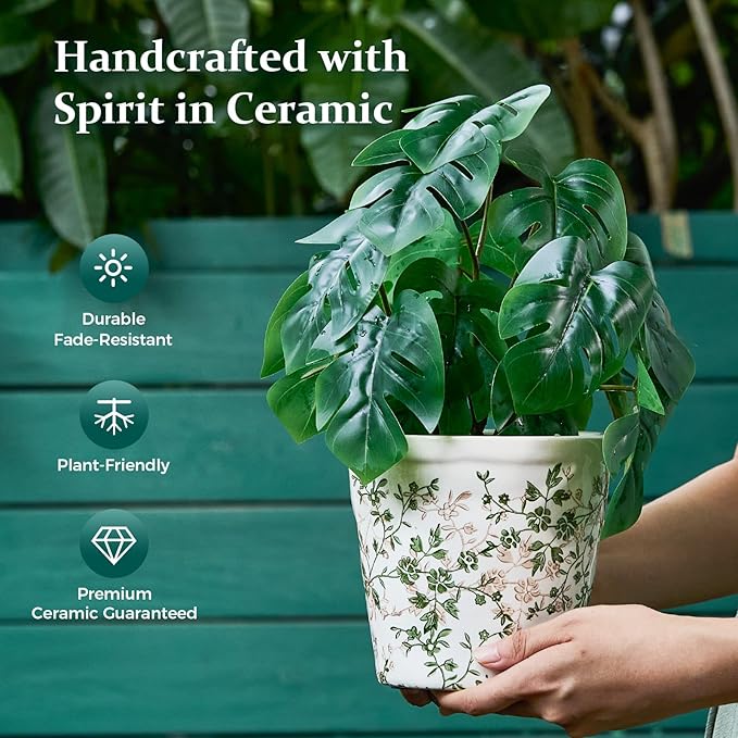 Teweiqi Ceramic Planter with Drainage Hole, Plastic Tray & Mesh, 6 Inch - Indoor/Outdoor Flower Pot for Orchids, Succulents, Green Floral Modern Farmhouse Décor for Home,Office and Garden, Ideal Gift
