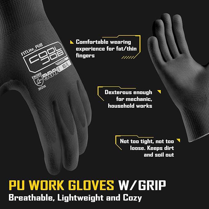 COOLJOB 60 Pairs Safety Work Gloves Pack Bulk with Grip PU Coating, 13 Gauge Seamless Knit Gloves with Polyurethane Dipped for Warehouse Working, Breathable Lightweight for Men Women, Black Small