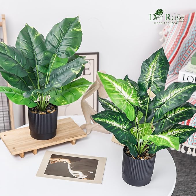 Der Rose 2 Pack Fake Plants Artificial Tropical Plants Indoor in Black Pot for Home Office Desk Accessories Bathroom Sage Green Decor