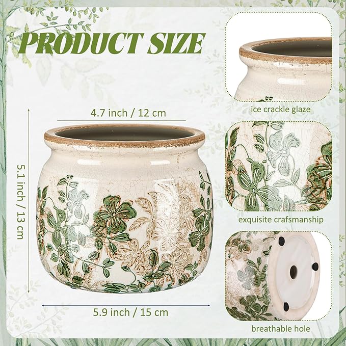 Vintage Planter Large Ceramic Plants Pot Beige Green Leaves Ice Crack Farmhouse Scroll Vase Flower Vase Pot Indoor Outdoor Home Kitchen Decor Rustic Cottage Antique Decorative Plants Gift