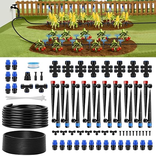 Snowtaros 240FT Quick-Connect Drip Irrigation System, Automatic Garden Watering System Kit with 1/2" & 1/4" Fast-Lock Fittings, Adjustable Sprinklers for Raised Beds, Garden, Greenhouse, Lawn