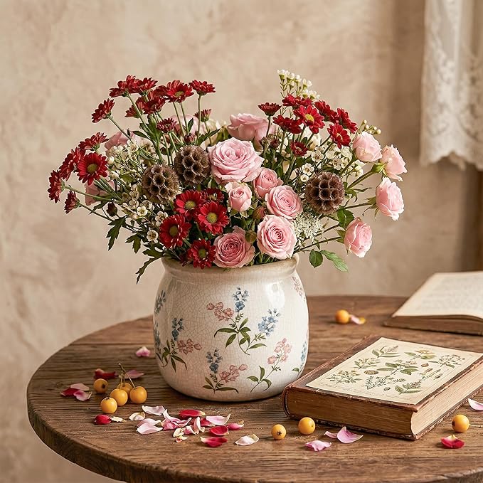 DREAMLOOM Vintage Ceramic Planter for Indoor Plants,6.1" Ice Crack Cottage Scroll Vase Tuscan Decor Flower Pots with Drainage Holes Home Kitchen Farmhouse Antique Decorative Gift (Red-Round)