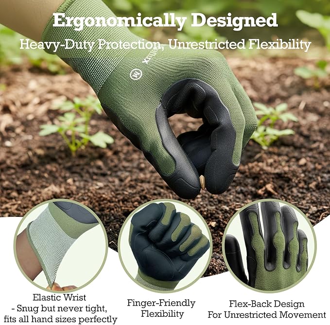 2 Pairs Thickened Non-Slip Gardening Gloves, Recyclable TPE Coating, Durable Breathable Work Gloves for Weeding, Planting, Landscaping & Yard Work, Universal Fit, Olive Green