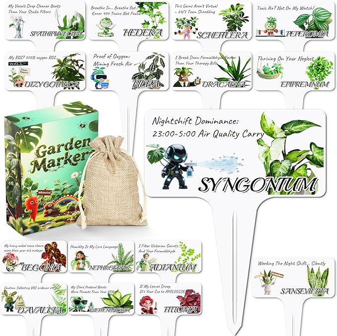 Whimsical Air Purifying Plant Character Garden Markers-17Pcs Garden Labels for Indoor House,Durable Waterproof Signs for Snake Plant,Housewarming Gift,New Home House Gift