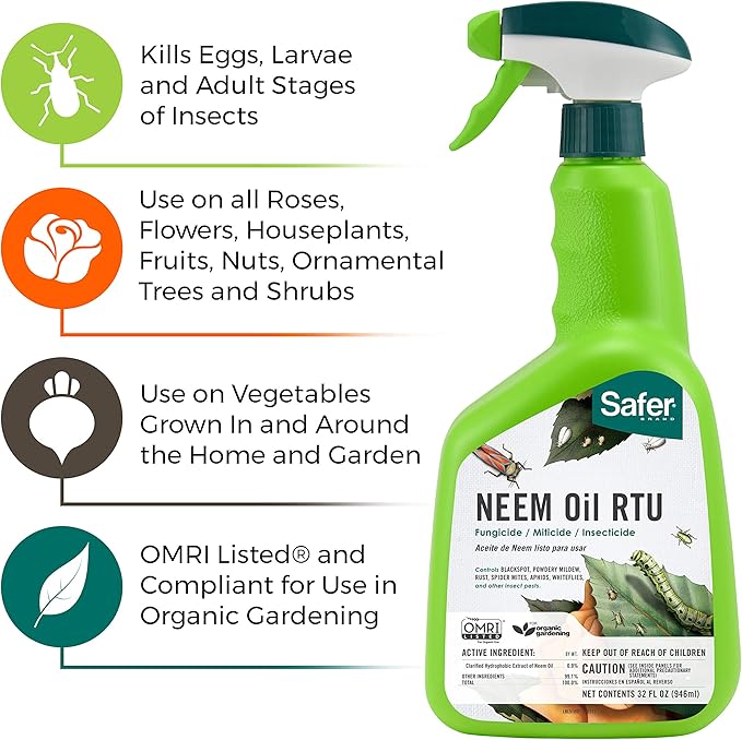 Safer Brand 5180-6 Ready-to-Use Insect Killing, Fungicide and Miticide Neem Oil Spray - 6 Pack