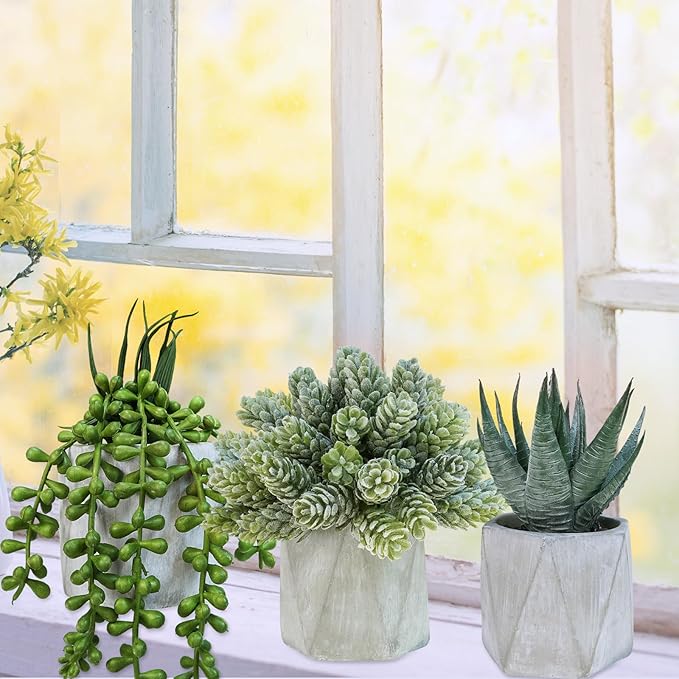 Winlyn Set of 3 Mini Artificial Succulent Plants Potted Small Fake Aloe Hops String of Pearls Plants in Gray Hexagon Ceramic Pots for Modern Home Office Desk Living Room Kitchen Table Shelf Décor