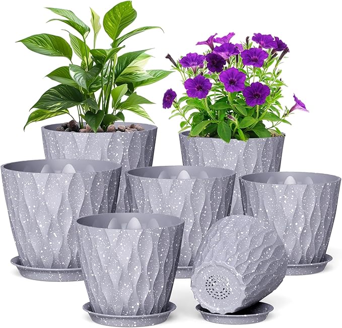 Meowell 7/6.5/6/5.5/5/4.5/4 inch Plant Pots for Indoor Outdoor Plants, 7 Pack Thick Flower Pots with Drainage Holes and Saucers, Modern Wave Texture Plastic Planters Nursery Pots, Speckled Grey