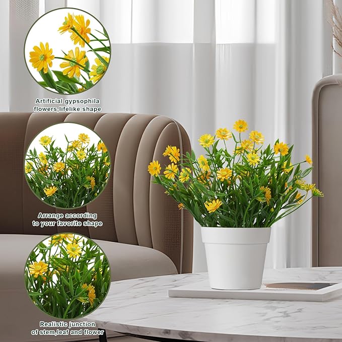 Fake Plants Daisy for Bathroom Decor, Small Potted Artificial Plants Indoor for Shelf Desk Home Bathroom Farmhouse Room Coffee Table Decor, Yellow (Pack of 2)
