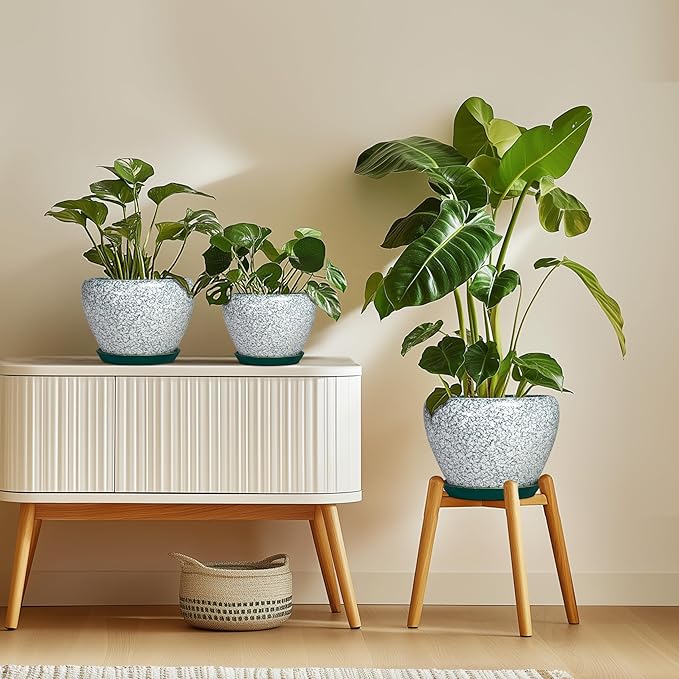 Ceramic Flower Pots - 8 Inch Pots for Plants Indoor Outdoor, Round Plant Pot Indoor with Drainage Hole and Saucer, Modern Decorative Planter, Bedroom Decor, Gardening Gifts, Crackle Green