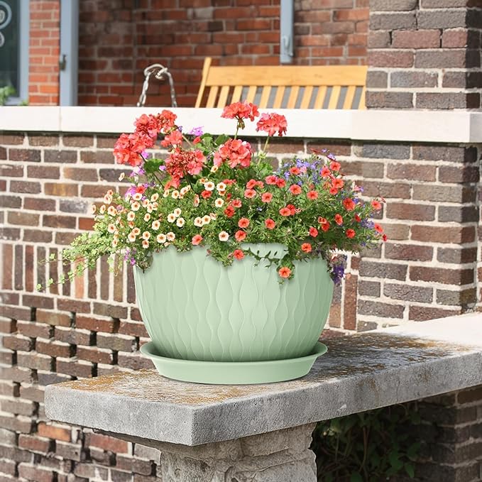 Meowell Large Flower Pots 12/10/9 inch, 3 Set Wide Plant Pots for Outdoor Indoor Plants with Water Ripples, Big Plastic Planters with Drainage Holes and Saucers for Garden House Plants, Green