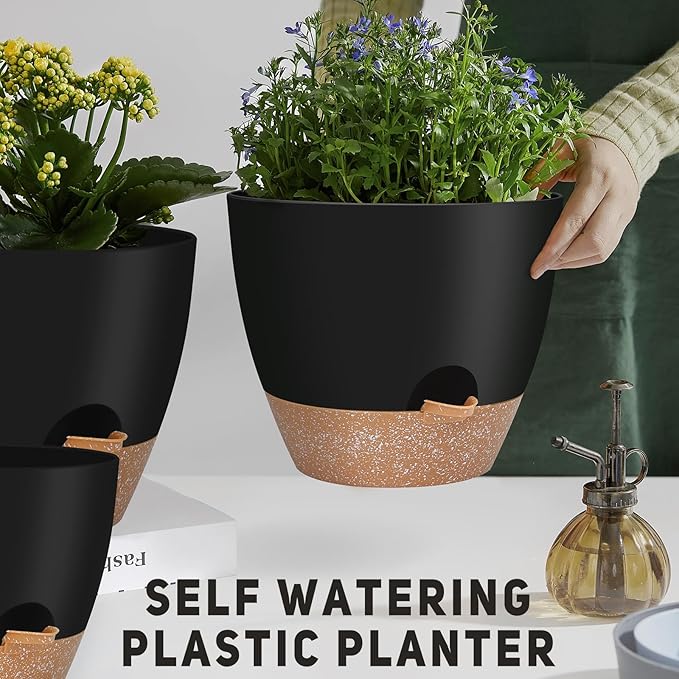 YNNICO 12" 10" 9" Large Self Watering Plant Pots, 3 Pack Flower Pots Planters with Multi Mesh Drainage Holes for Indoor Outdoor Garden Plants and Flowers (Black)