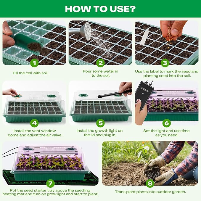 Seed Starter Tray with Grow Light & Heating Mat, Digital Temperature Control, 40-Cell Seed Starter Kit with Humidity Dome, Reusable Seed Starter for Indoor Planting Seeds