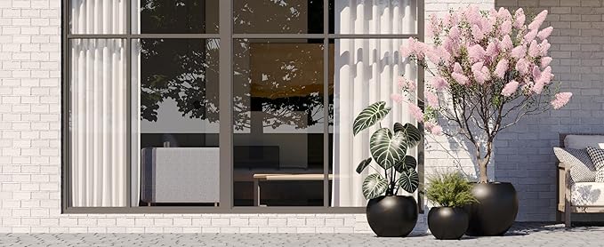 DTY Mount Sherman 12.6" D x 10'' H (Pot Opening 8.5") Fiberstone Round Planter with Drainage Hole, Smooth Finishes, Weather Resistant for Indoor and Outdoor, 2 Extra Coco Mats - Black, Small