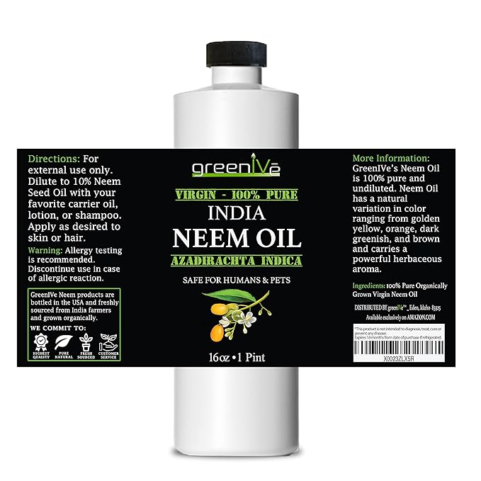 GreenIVe 100% Organically Grown Neem Oil, Cold-Pressed Virgin, Pure & Natural, 16 oz - Ideal for Gardening, Skin Care, Hair Care & Pet Care (16 Ounce)