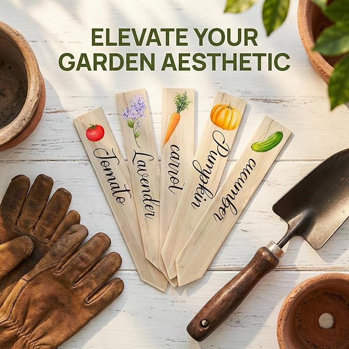 Prudance 14Pcs Acrylic Garden Plant Markers,Faux Wood Pattern Vegetable Stakes,Weatherproof Plant Labels with Printed Images and Names for Indoor Pots,Raised Beds and Outdoor Gardening 5.9x1inch