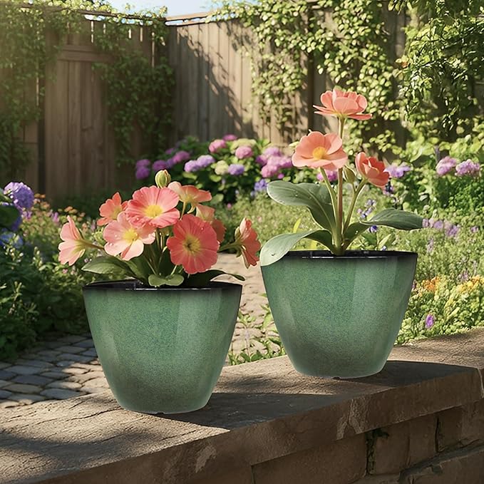Vanslogreen 4 Pack 8 inch Plant Pots, Plastic Planter for Indoor Outdoor Plant with Drainage Holes and Saucers, Flower Pots for Garden Home Decor(Green, 4pcs)