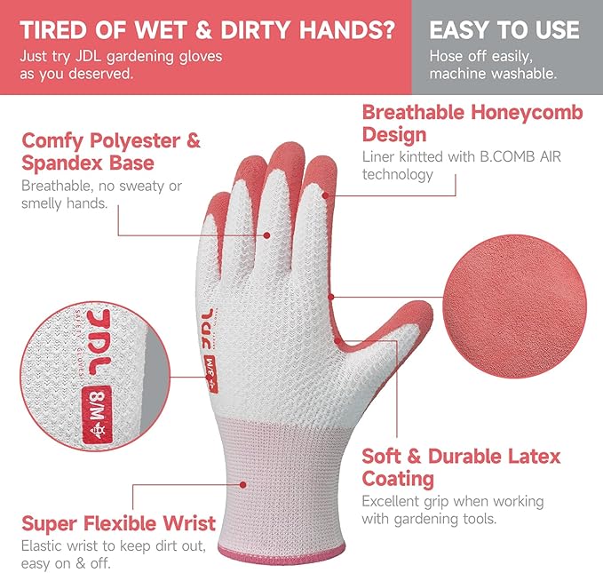 JDL Gardening Gloves for Women, 6 Pairs Breathable Latex Coated Yard Garden Gloves, Rubber Outdoor Protective Work Gloves with Grip, Multiple Colors, Small Size