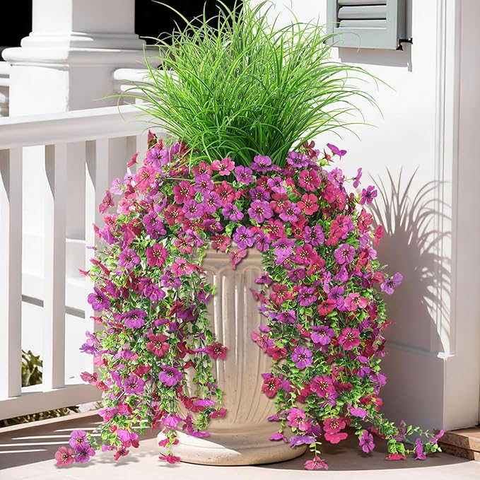 Artificial Hanging Flowers with Wheat Grass for Outdoors, 5 Pcs Fake Hanging Plants for Spring Decor, UV Resistant Faux Silk Flower Greenry for Planter Porch Patio Yard Garden(Light Purple Red)