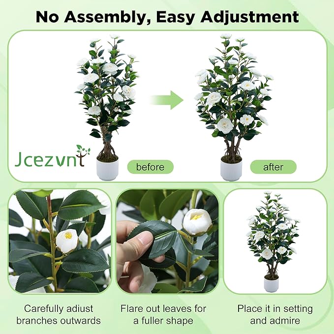 2 Pack Artificial Camellia Tree with White Pot, 38" Faux Potted Plants for Indoor Outdoor Decor, Tall Silk Greenery Plant for Home Offce Living Room Balcony, White
